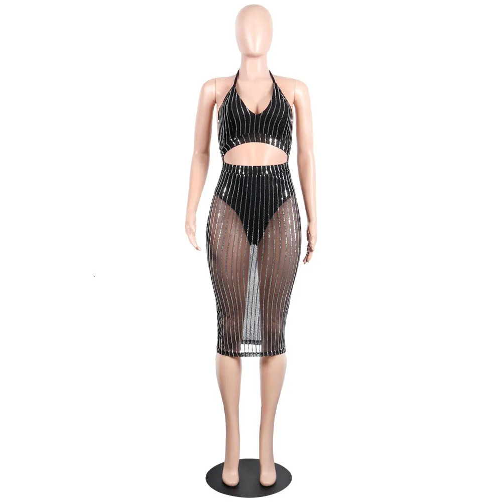 Women's Summer Sleeveless Sheath Two-Piece Sequin Dress