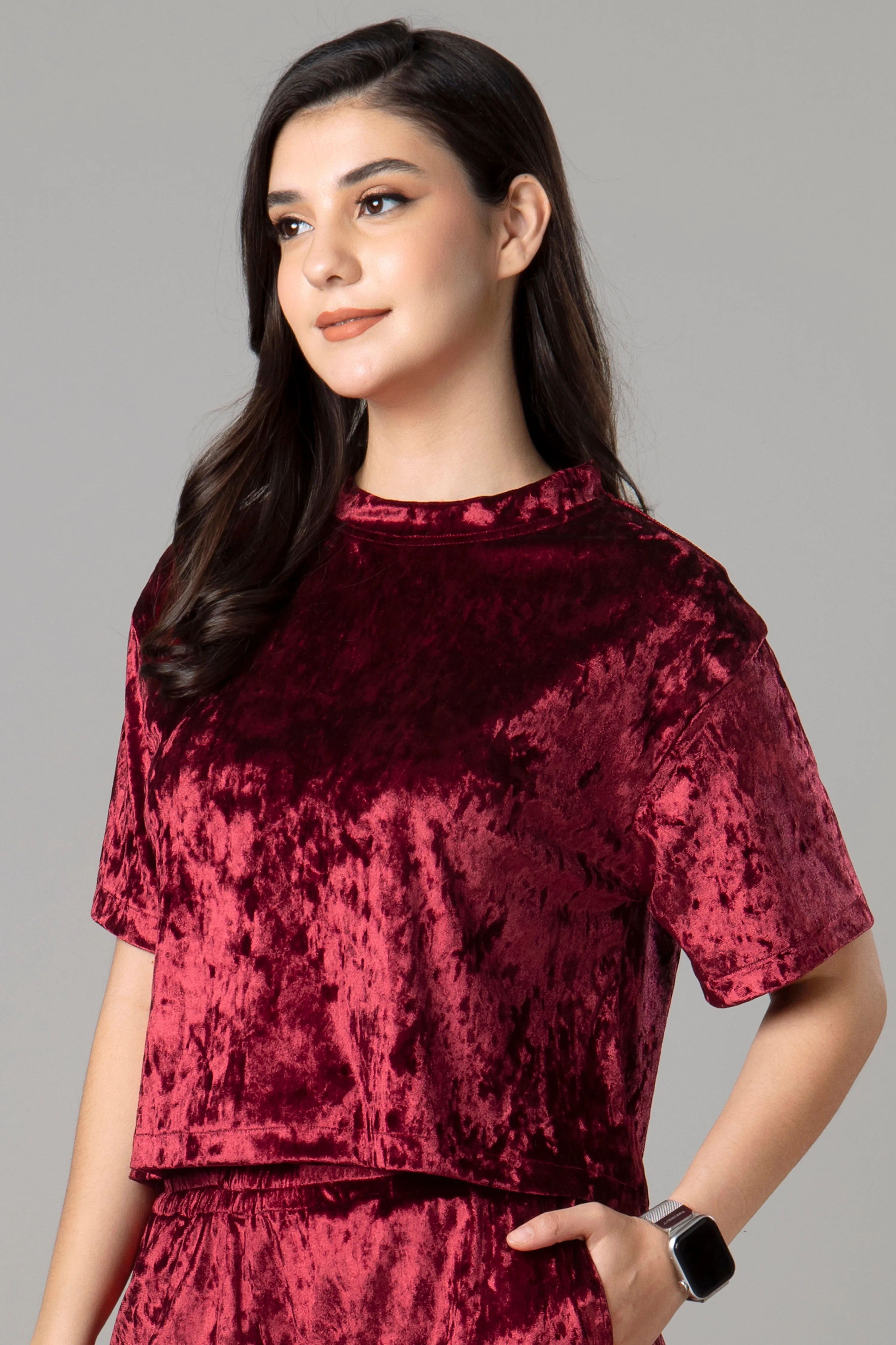 Womens Trendy High Neck Red Velvet Top