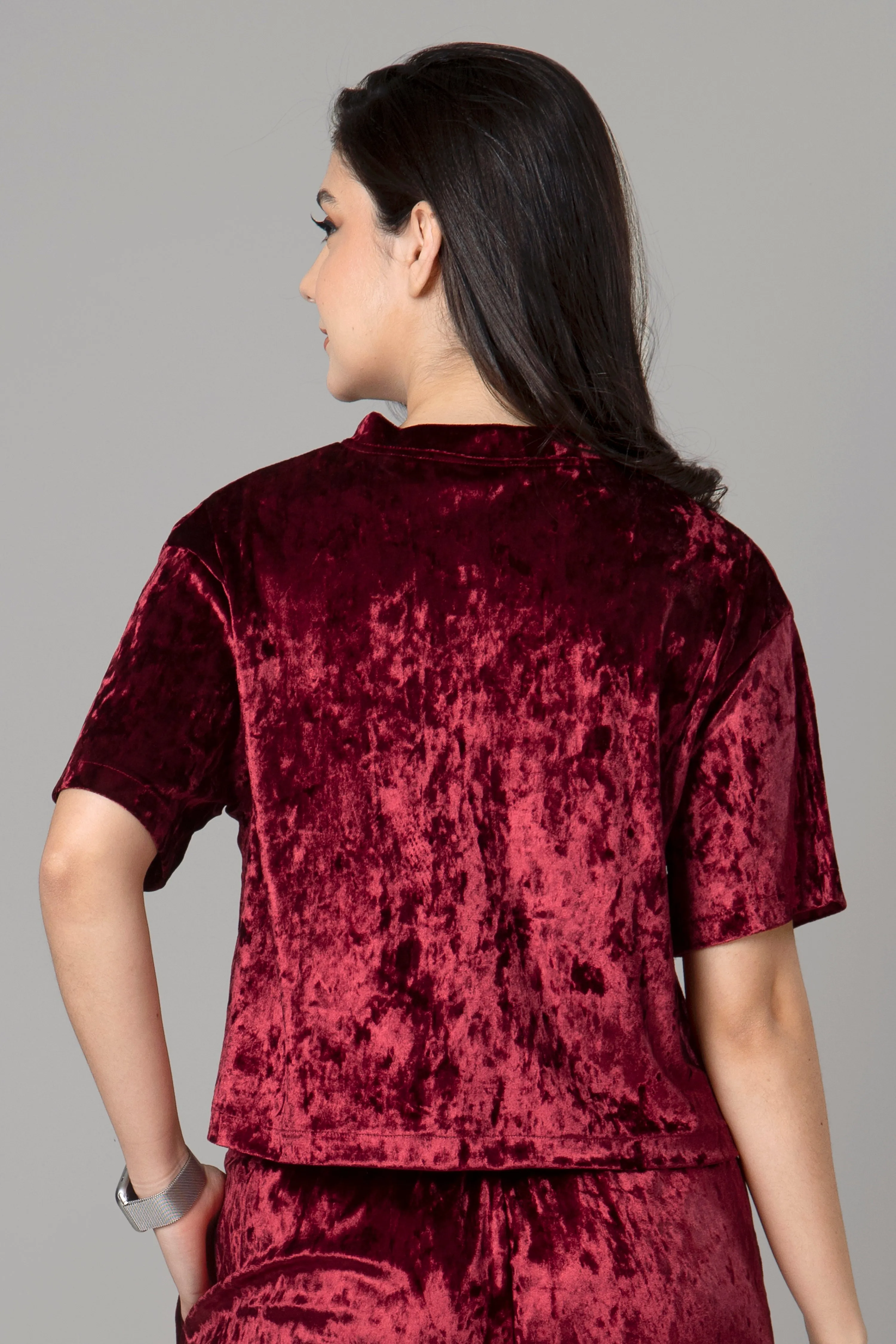 Womens Trendy High Neck Red Velvet Top
