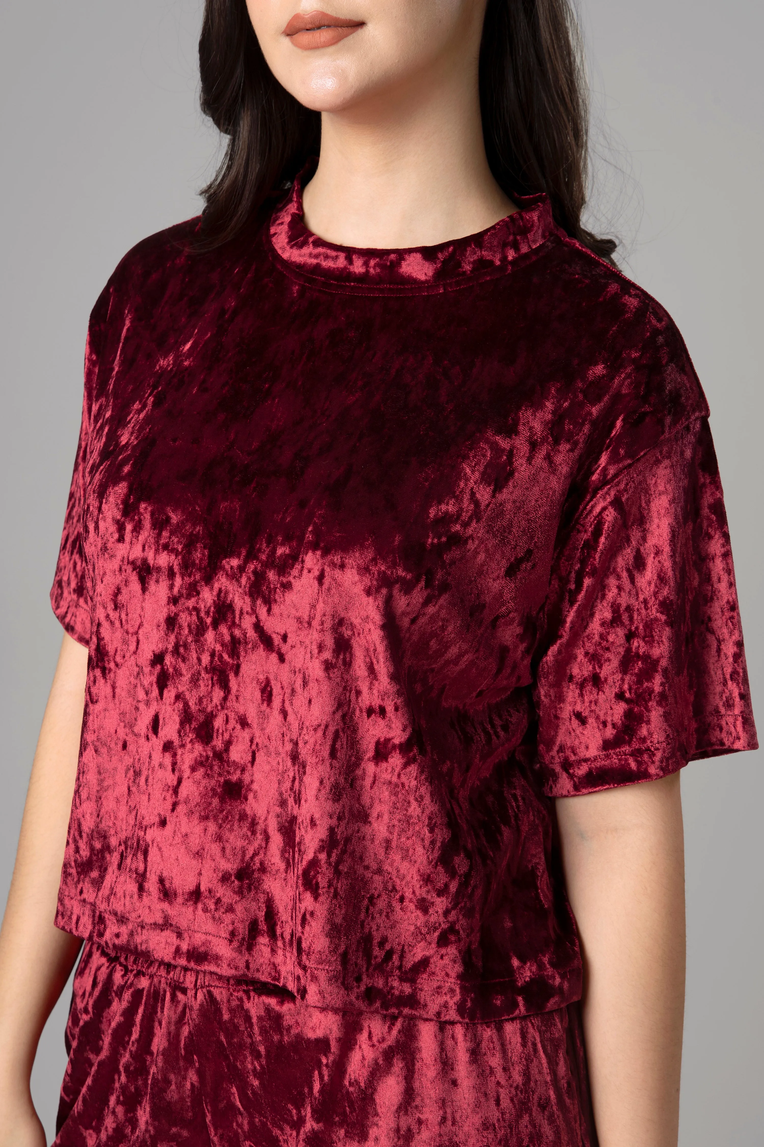 Womens Trendy High Neck Red Velvet Top